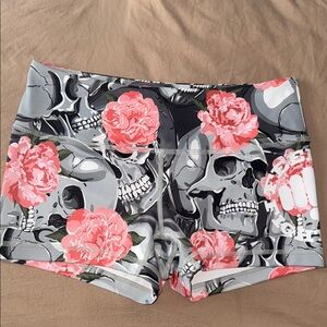 Feed Me Fight Me Women's Skull & Pink Floral Athletic Shorts